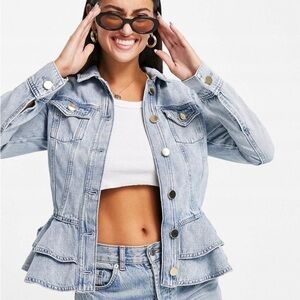 River Island Blue and Gold Jean Jacket Distressed Style